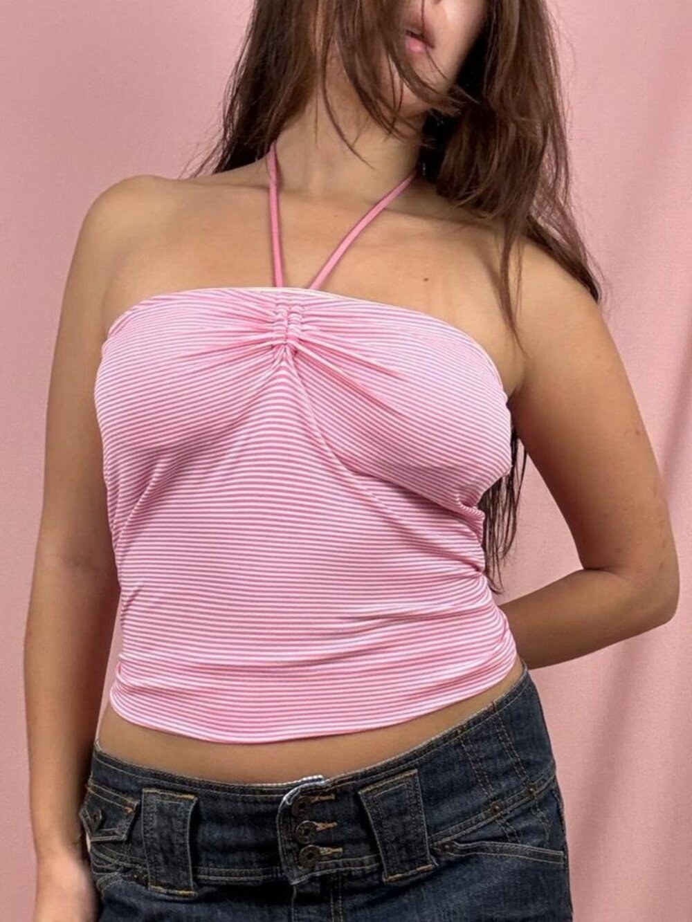 Y2K Pink Striped Halter Top